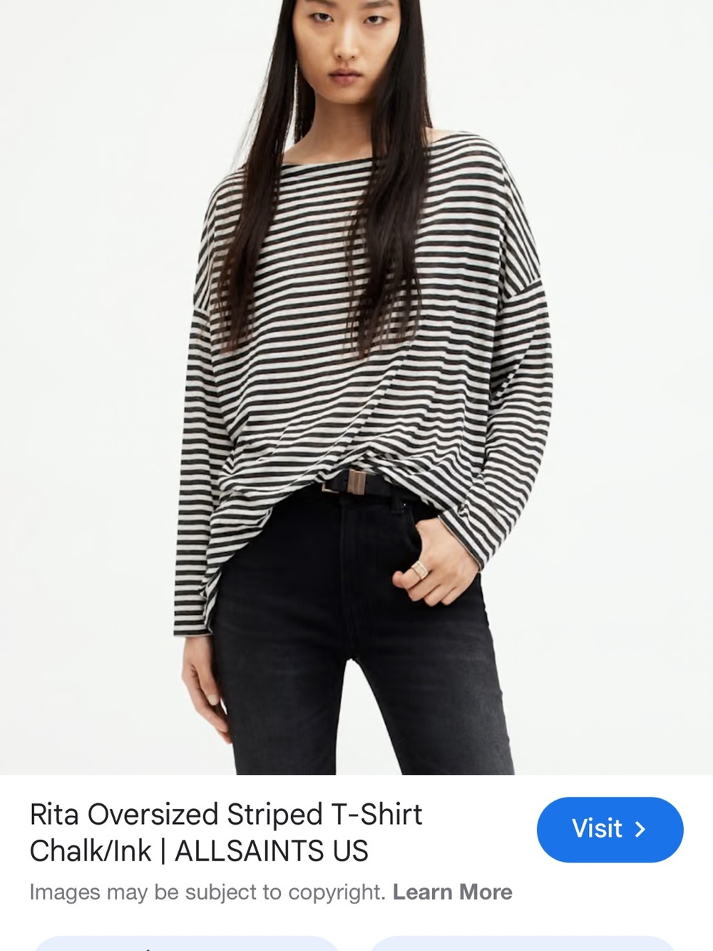 AllSaints Oversized Long-Sleeve Striped Tee in Chalk and Ink